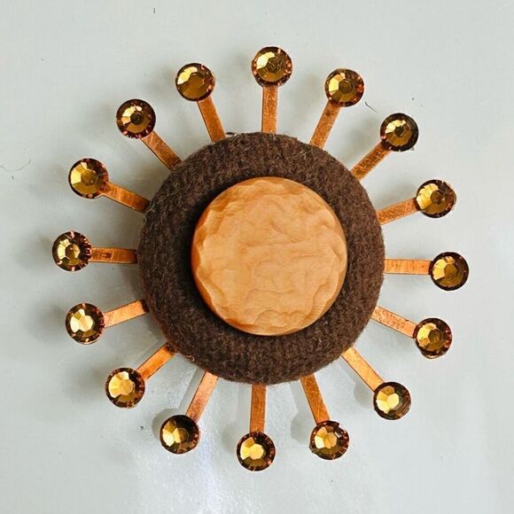 Upcycled Atomic Starburst Refrigerator Magnet Buttons Rhinestones Brown Orange - Picture 1 of 5